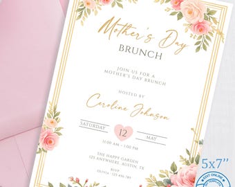 Convite floral para brunch do Dia das Mães, modelo rosa e dourado para Canva (download digital)