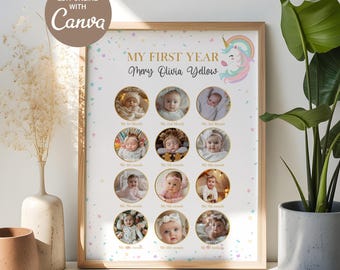 Collage de fotos del primer año de unicornio: Póster de hitos del bebé (plantilla de Canva)