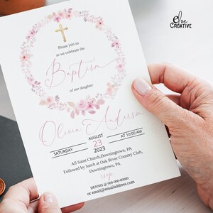 Modèle d'invitation de baptême, fleurs roses, modifiable, carte d'invitation de baptême rose imprimable, cadre fleur baptême, jettemplate téléchargement immédiat,06