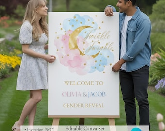 Convite para Revelação de Gênero com Tema de Estrelas Cintilantes, Chá de Bebê com Tema de Lua, Modelo Canva (Evite Digital)