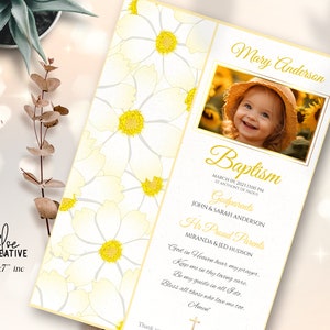 Cadeaux de baptême, cartes de baptême marguerite jaune, cartes de chapelet, souvenirs de baptême, modèle d'invitation de texte de baptême, modifiable, téléchargement immédiat #37