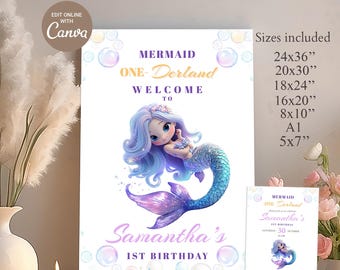 Conjunto de convites e placas de boas-vindas para aniversário da Mermaid ONE-derland | Canva editável para impressão | Decoração para festa de 1 ano