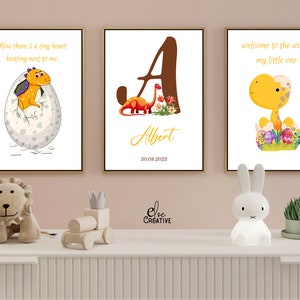Impressões de nome personalizado, nova impressão de nascimento de bebê, figura de dinossauro, impressão de quarto infantil, impressão de carta personalizada, arte de parede infantil, monograma de nome imprimível