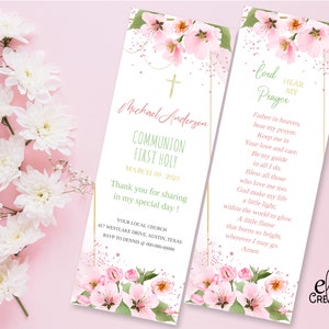 Floral First Communion Bookmark Template, Prayer Card, Girl, Pink Cross Gold Frame, Blush Pink, Keepsake, First Holy, Favors, Baptism,03
