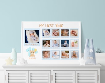 May include: A blue and white photo collage with a light blue background. The collage is titled "My First Year" and features photos of a baby boy at different ages. The baby's name, "Alex Morales", is written below the photos. The date "10.10.2023" is written below the baby's name. A cartoon bear with a number one balloon is next to the date.