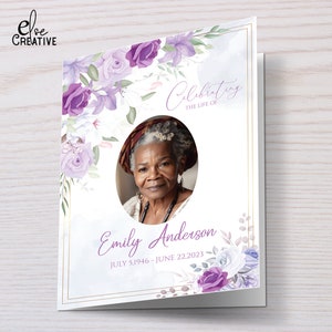 Plantilla de programa de funeral editable, plantilla de obituario morado, plantilla de programa de funeral con foto editable, para hombres y mujeres, vida de celebración, 38