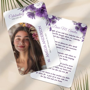 Modèle modifiable de carte de prière funéraire, carte de prière fleur mauve, modèle imprimable de carte de prière commémorative, carte de prière funéraire, carte de nécrologie
