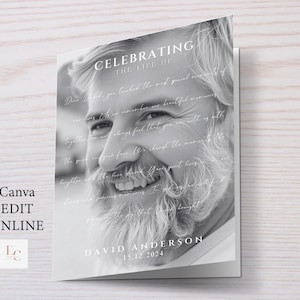 Può includere: Una fotografia in bianco e nero di un uomo con la barba e i baffi. La foto è su uno sfondo bianco con il testo "Celebrating the Life of" e "David Anderson 15.12.2024".