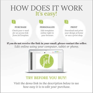 May include: A green and white graphic explaining how to use a digital template. The graphic shows three steps: purchase, personalize, and print. The graphic also includes a laptop screen showing a design template with the text "Edit with Jet Template".