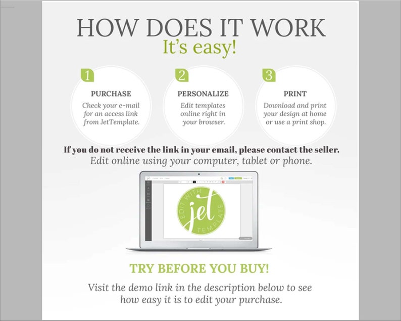 May include: A green and white graphic explaining how to use a digital template. The graphic shows three steps: purchase, personalize, and print. The graphic also includes a laptop screen showing a design template with the text "Edit with Jet Template".