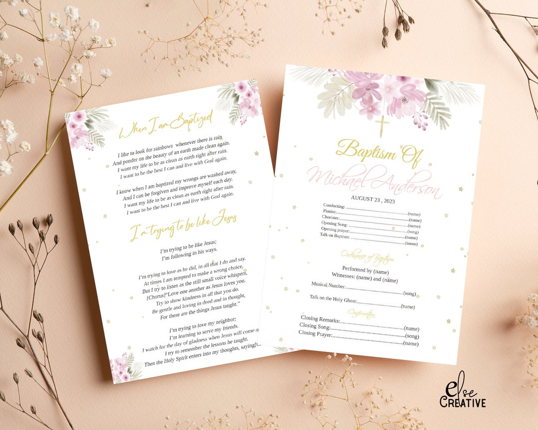 Baptism Invitation Program, Christening Program, Rustic Pink Foliage Christening, Editable
