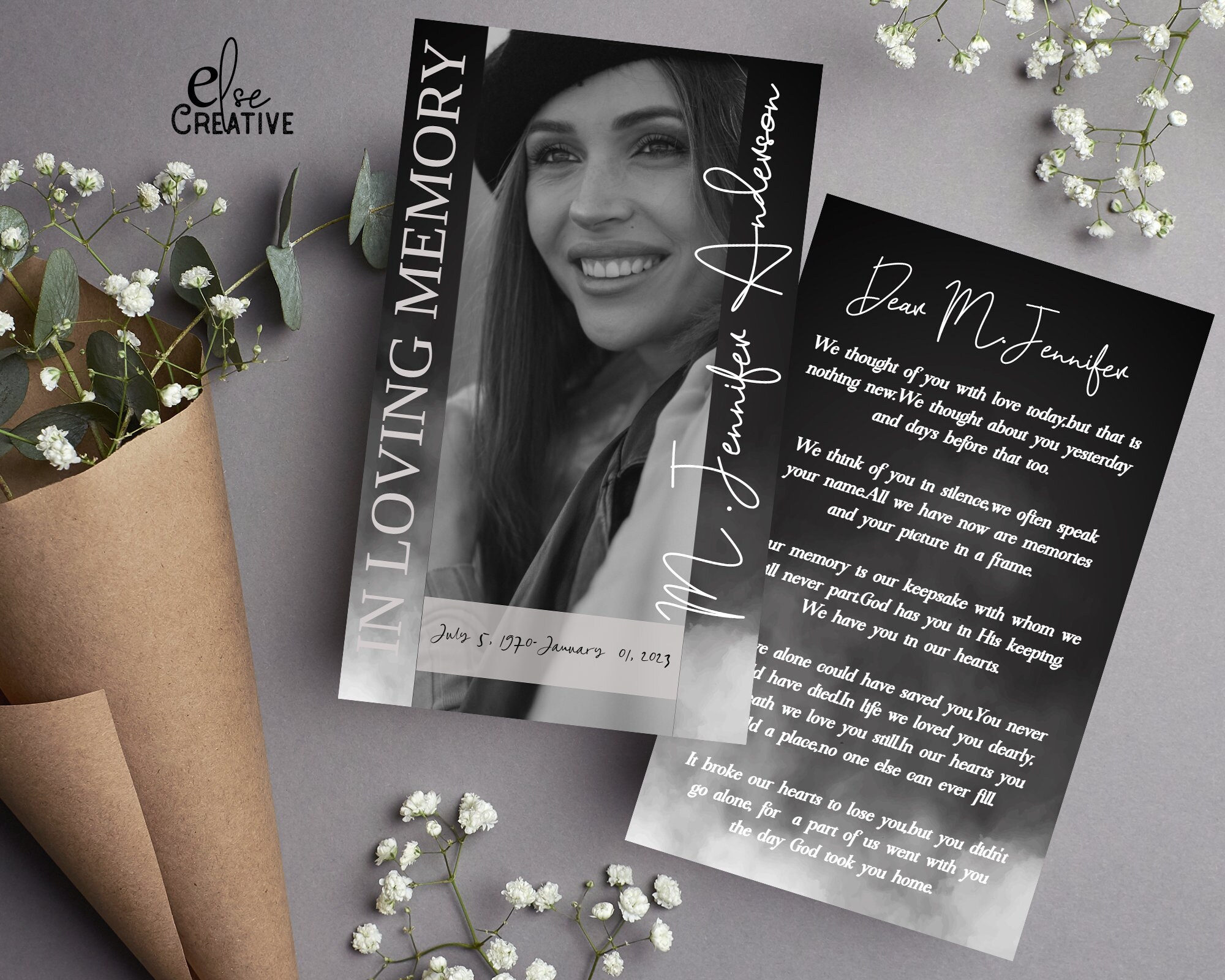 Funeral Prayer Card Template Black and White for Men and for Women, L