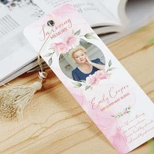 Modello di segnalibro funebre Rose rosa moderno, per le donne, segnalibro commemorativo per donne, segnalibro funebre stampabile, celebrazione della vita n. 22