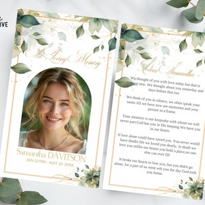 Editable Funeral Prayer Card, Printable Memorial Prayer Card Template, Greenery Prayer Card, Celebration of life, Catholic Prayer Card