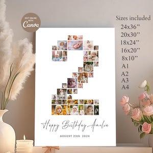 Birthday Number 2 Photo Collage, Birthday Gift, Second Birthday Photo 2 year old keepsake, Editable 2nd Birthday Photo Poster Template,Canva
