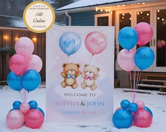Placa de boas-vindas para revelação de gênero com ursinho de pelúcia, decoração em tons pastel (modelo em tela)