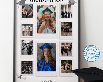 Modelo de colagem de fotos de formatura, pôster de formatura editável, imprimível para a turma de 2026, arte de parede para guardar as lembranças da formatura.