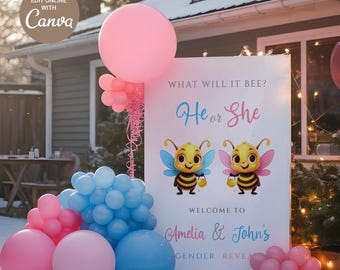Placa de boas-vindas para revelação de gênero com tema de abelhas | Modelo editável no Canva (Download digital)