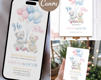 Convite para Revelação de Gênero com Ursinho de Pelúcia e Balões em Aquarela (Modelo Digital para Convite Online no Canva)