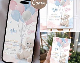 Convite para Revelação de Gênero com Ursinho de Pelúcia, Modelo Editável no Canva (Evite Digital)