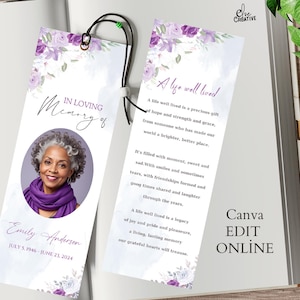 Modello di segnalibro per funerale, segnalibro per celebrazione della vita, biglietti ricordo per funerale con rose viola, biglietto commemorativo per il ricordo, segnalibro Canva