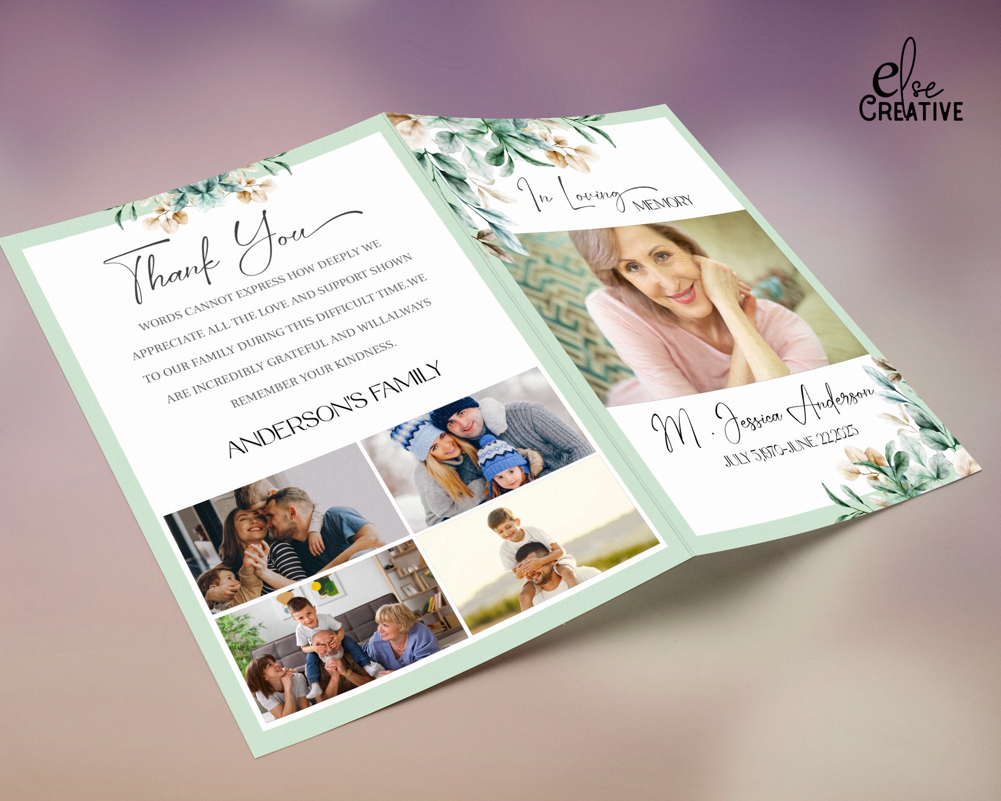 Green Leaves Funeral Program Template: Editable Celebration of Life ...