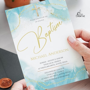 Invitation au baptême moderne, modèle d’invitation au baptême de garçon, modèle d’invitation au baptême bleu, invitation bleu aquarelle garçons or bleu,09