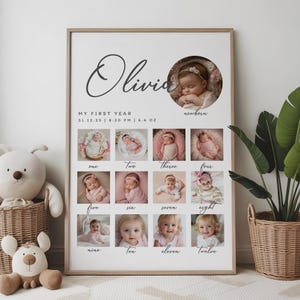 Editable First Year Photo Collage, Baby Milestone Poster, 12 Month Picture Board, Neutral Nursery Decor, Canva Template image 4