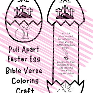 May include: A black and white printable Easter egg craft with a Bible verse, "Acts 1:3 He presented himself alive to them after his suffering by many proofs, appearing to them during forty days and speaking about the kingdom of God."