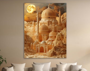 Arabesque Islamic Art Decoration Ramadan Wall Art Design Fairy Marble Castel in Moon Sunset Canvas for Home & Office Decoration Eid Mubarek