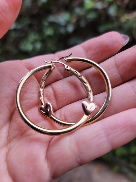 Vintage 10k Gold Hoops With Pink Heart - image 2