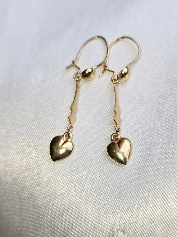 14k Solid Gold Puffed Heart Drop Earrings