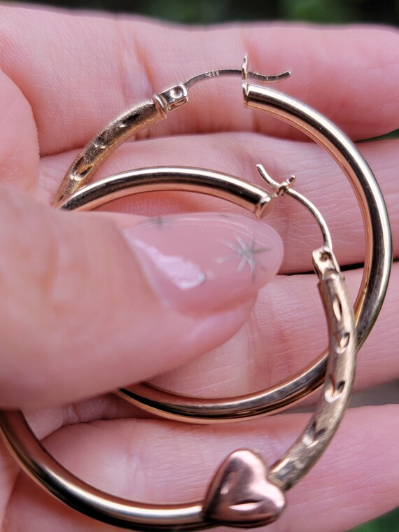 Vintage 10k Gold Hoops With Pink Heart - image 3