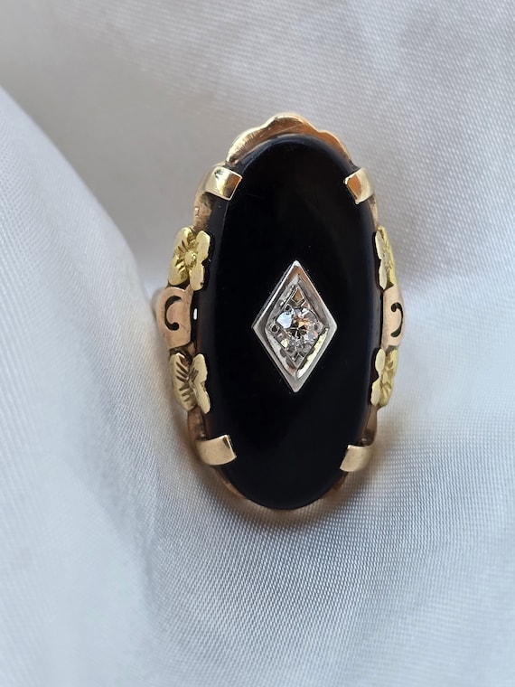 Antique Large  10k Trigold Onyx Diamond Ring