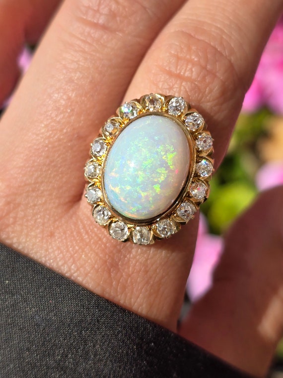 14k Antique Old Diamond Halo Opal Ring