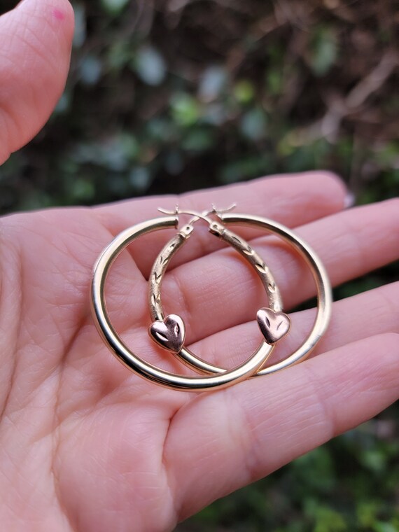 Vintage 10k Gold Hoops With Pink Heart - image 1