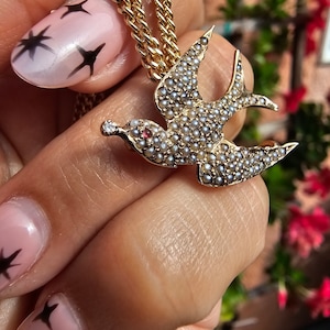 9ct Gold Victorian Brooch Swallow bird Encrusted with seed Pearls Red Cab Eye little Diamond Beak
