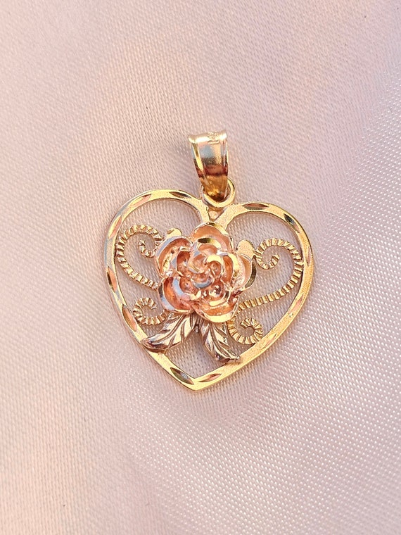 Pink Rose 14kt Heart Shaped Two Tone Pendant