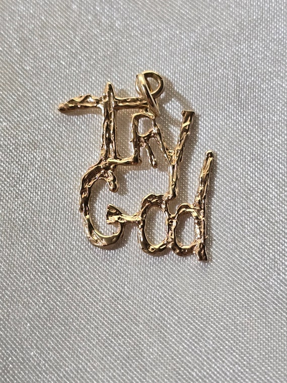 14k Solid Yellow Gold "Try God" Cutout Pendant