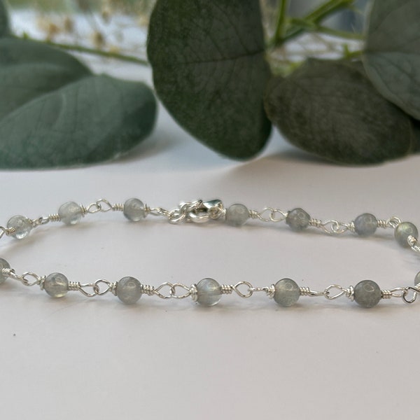 Labradorite Gemstone Sterling Silver Bracelet, Crystal, Healing, Stone, Handmade, Wire Wrapped, Dainty, Minimalist, Boho, Gift, Valentines