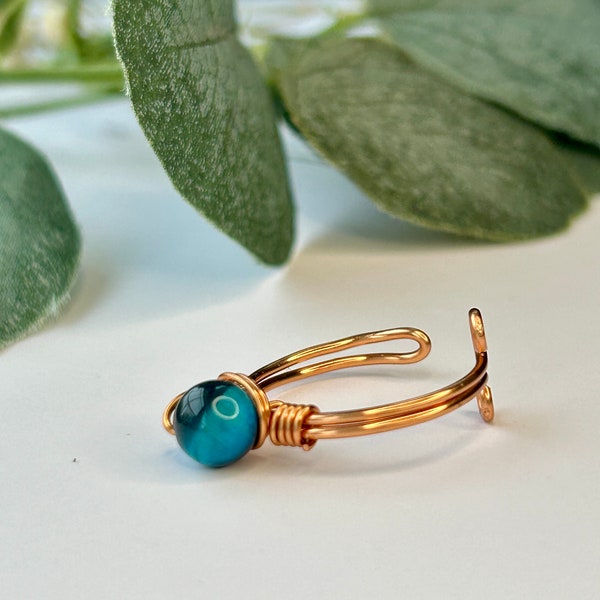 Blue Tigers Eye Gemstone Ring, Adjustable, Crystal, Healing Stone, Handmade, Copper Wire Wrapped, Dainty, Minimalist, Gift, Mother's Day