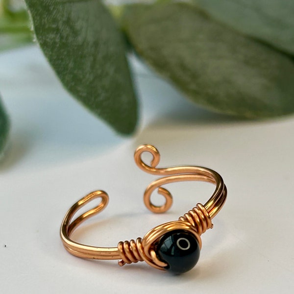 Black Onyx Gemstone Ring,Adjustable, Crystal, Healing Stone, Handmade, Copper Wire Wrapped, Dainty, Minimalist, boho, Gift, Mother's Day