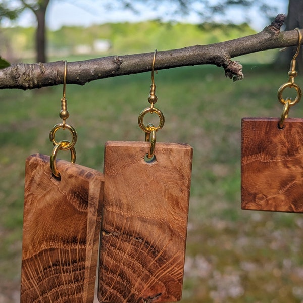 Handmade natural, figured red oak wood dangle earrings