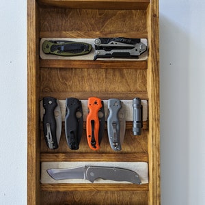 Knife display boards - Custom wood, magnetic wall-mount knife and flashlight organizer with optional hooks and custom hand-branding