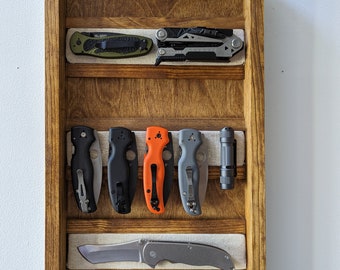 Knife display boards - Custom wood, magnetic knife and flashlight wall-mount organizers with optional hooks and custom hand-branding