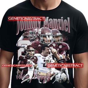 May include: Black t-shirt featuring a collage of football player Johnny Manziel in maroon and white uniforms. The design includes the text "Johnny Manziel" in a stylized font, with the text "GENETICABSTRACT" in a red rectangle.