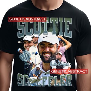 May include: Black t-shirt featuring a collage of a golfer with the name "SCOTTIE SCHEFFLER" in large, green, and white letters. The shirt includes the text "GENETICABSTRACT" in red rectangles.