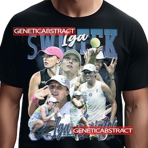 May include: Black t-shirt featuring a collage of tennis player Iga Swiatek with the text "SWIATEK" in blue and "Iga" in white. The shirt also includes the text "GENETICABSTRACT" in a red banner.