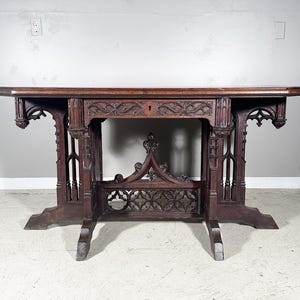 Antique French Gothic Revival Desk Library Table in Oak Wood