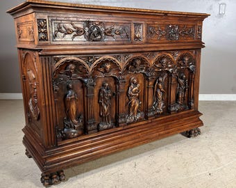 French Antique Gothic Walnut Wood Religious Figural Sideboard Buffet Cabinet